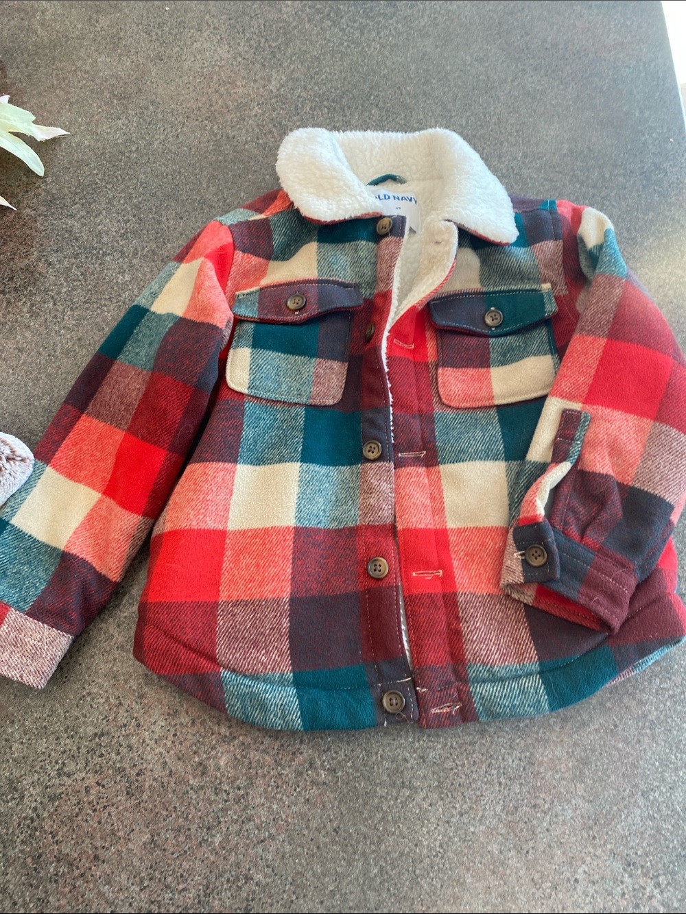 Old Navy Kids Plaid Sherpa-Trim Jacket - Red, Teal & Cream